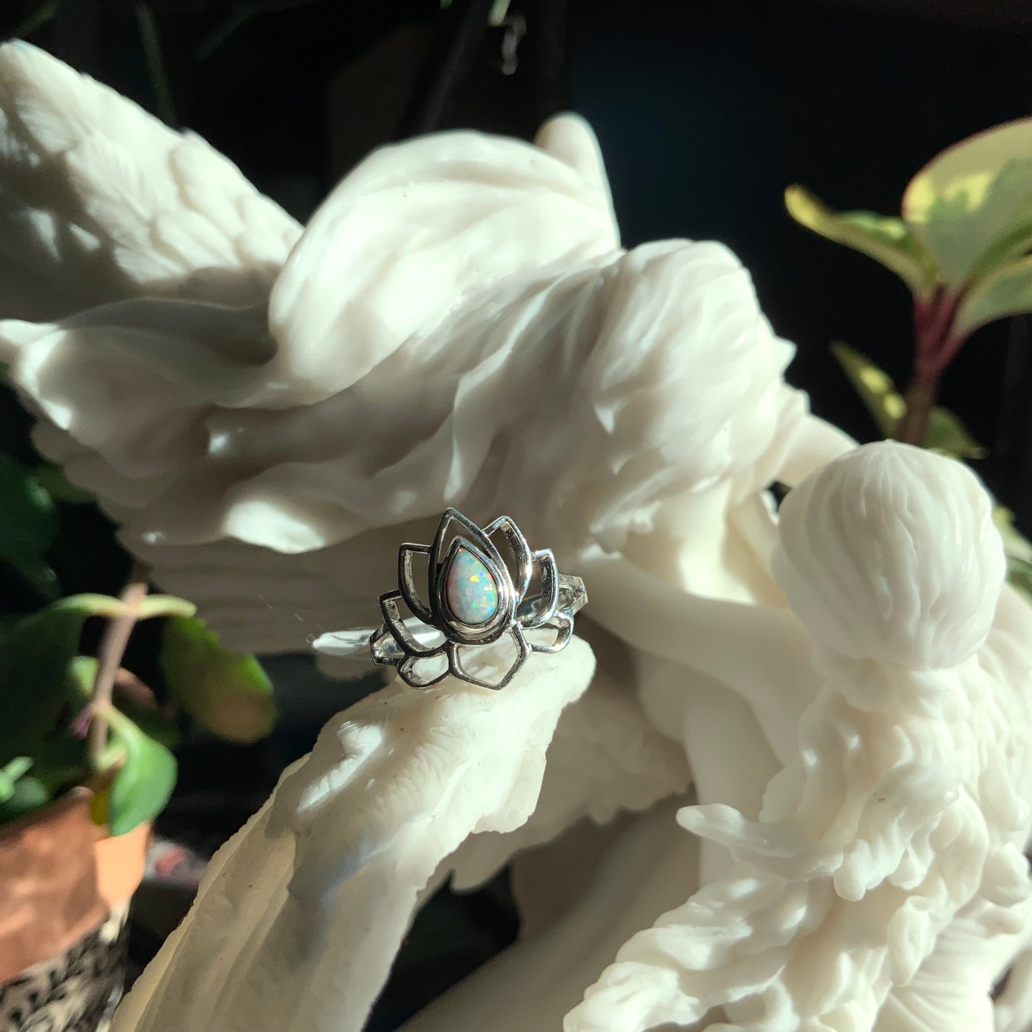 White Opal Lotus Ring, size 7