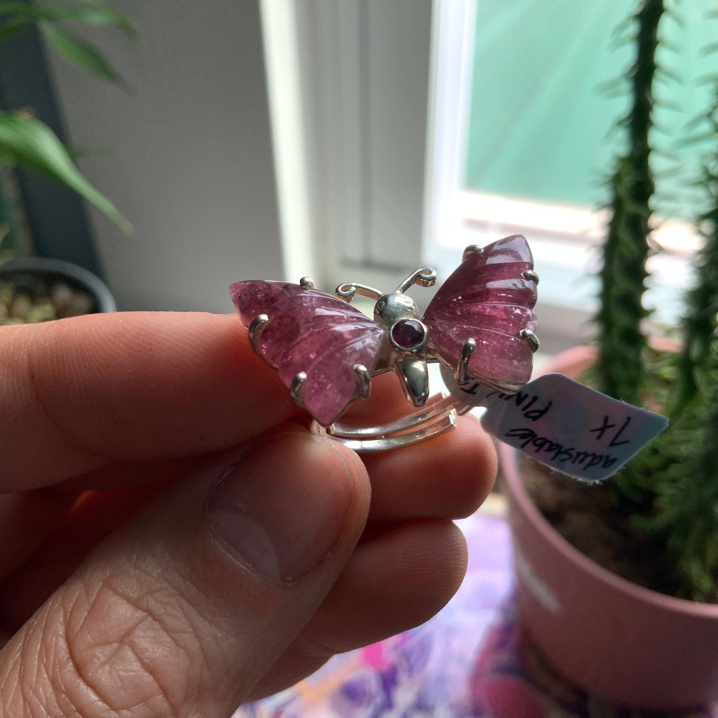 OOAK Pink Tourmaline Butterfly Ring, adjustable size