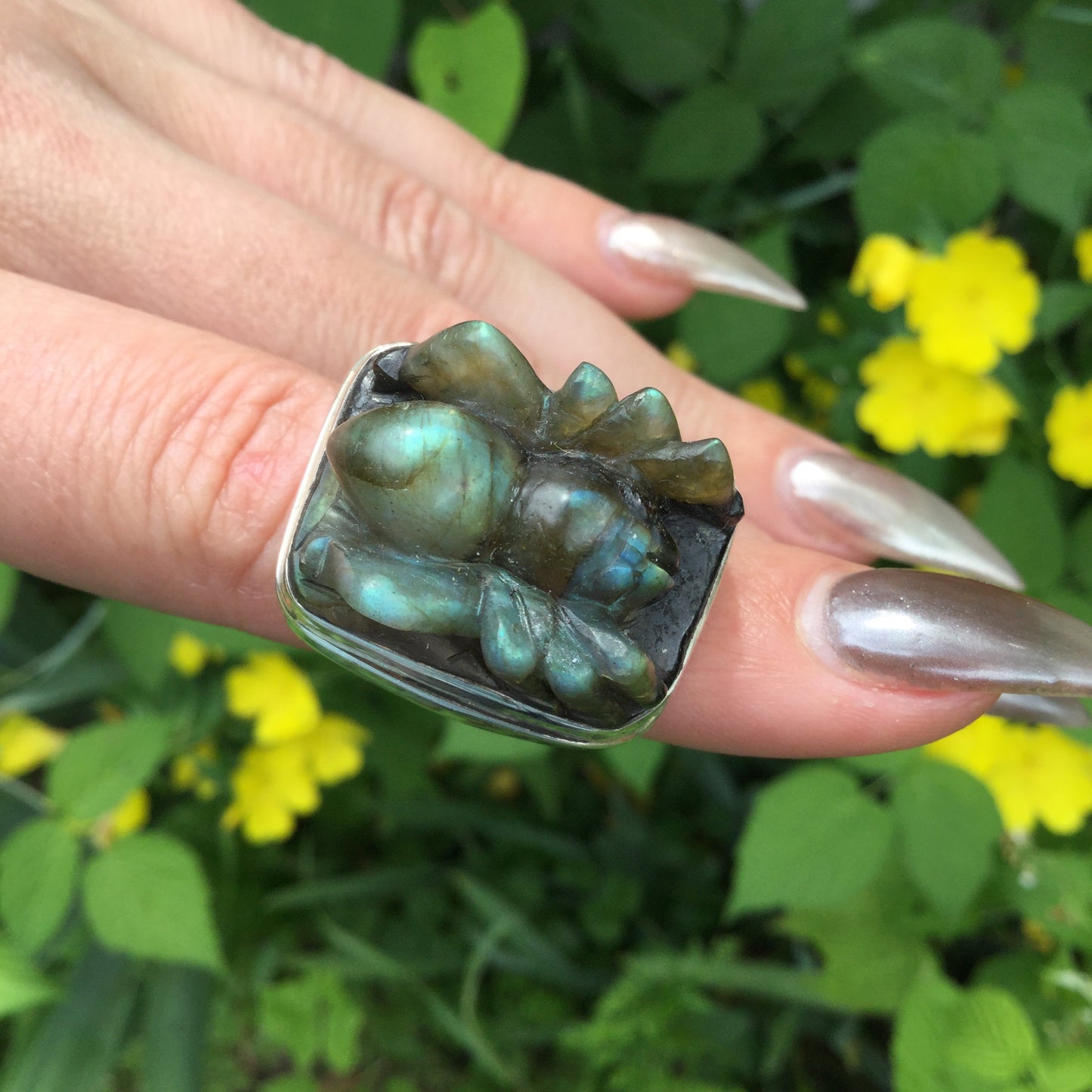 Carved Labradorite Tarantula Ring, Adjustable