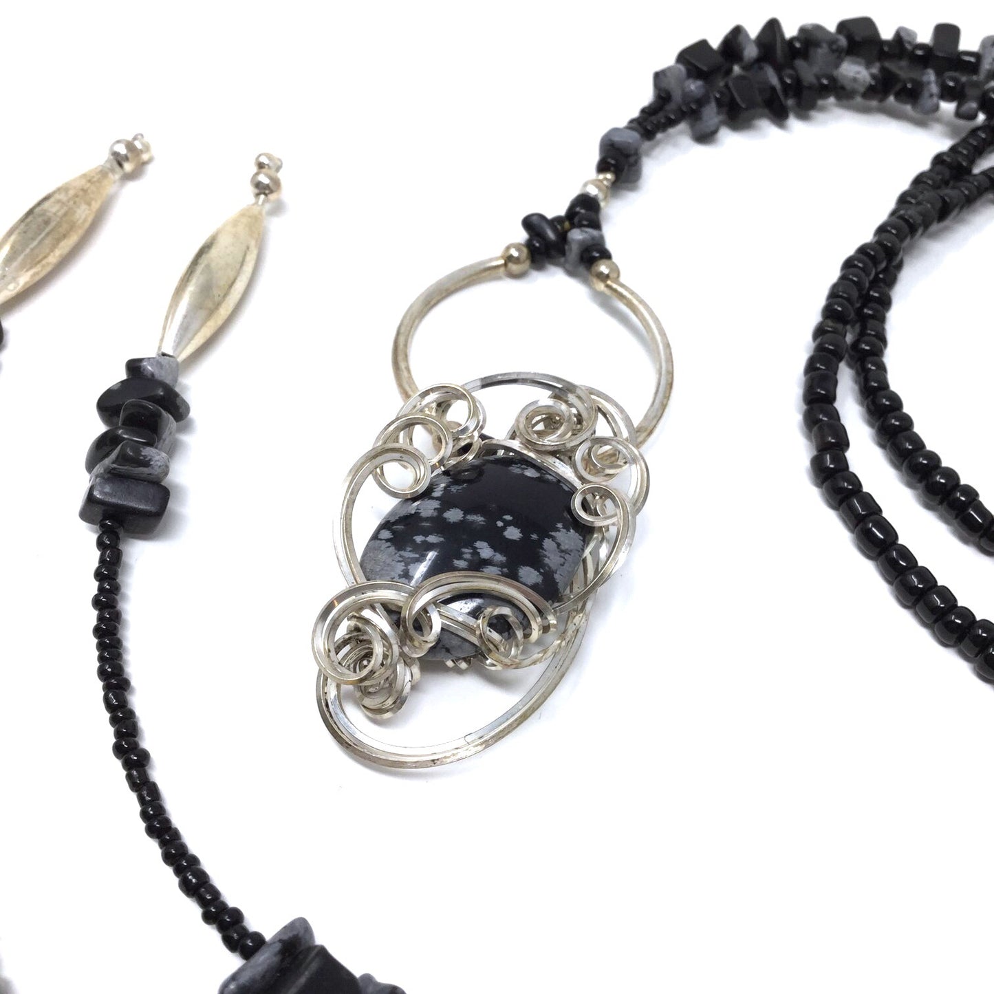 Snowflake Obsidian Beaded Wrap Necklace