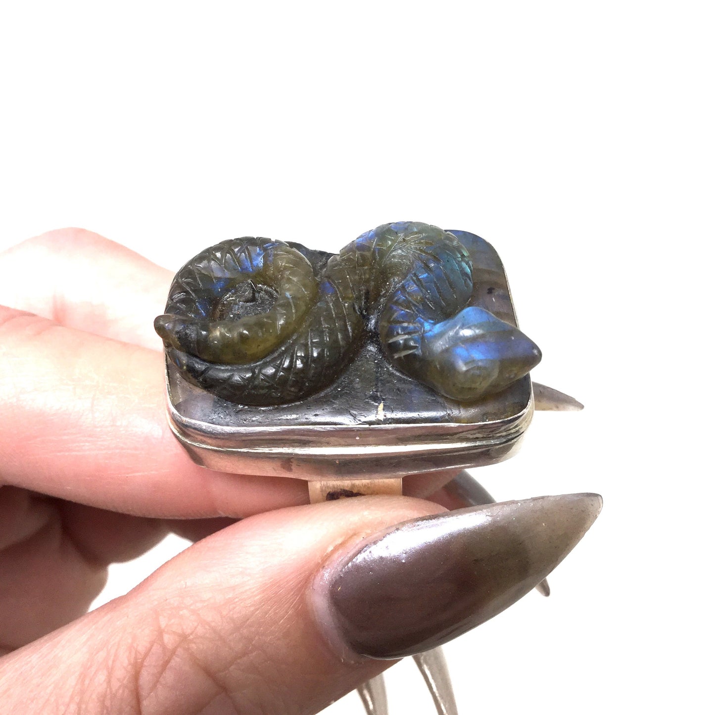 Carved Labradorite Snake Ring, Adjustable