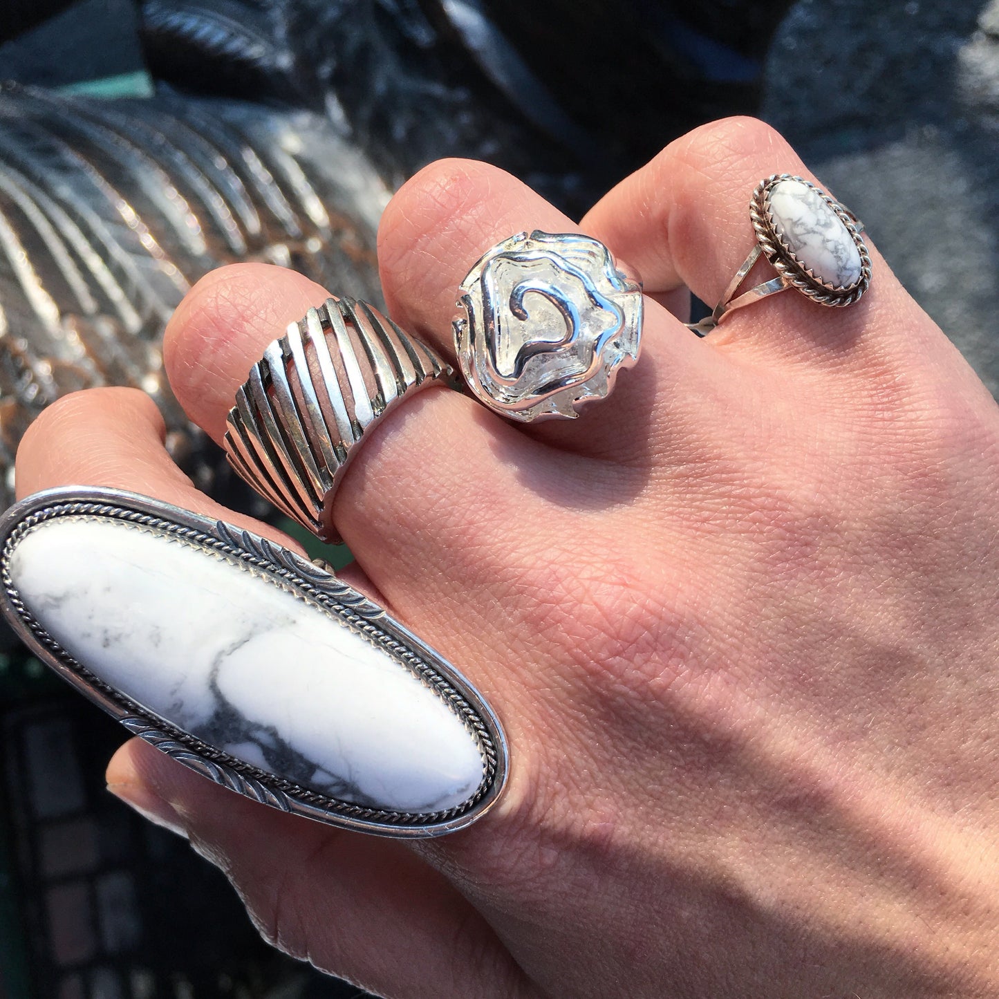 Howlite Shield Ring, size 9.5