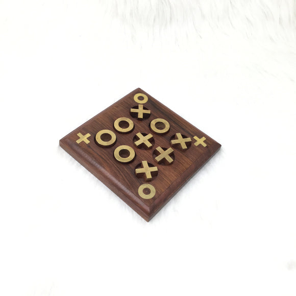 Wooden and Brass Lined Tic Tac Toe Game