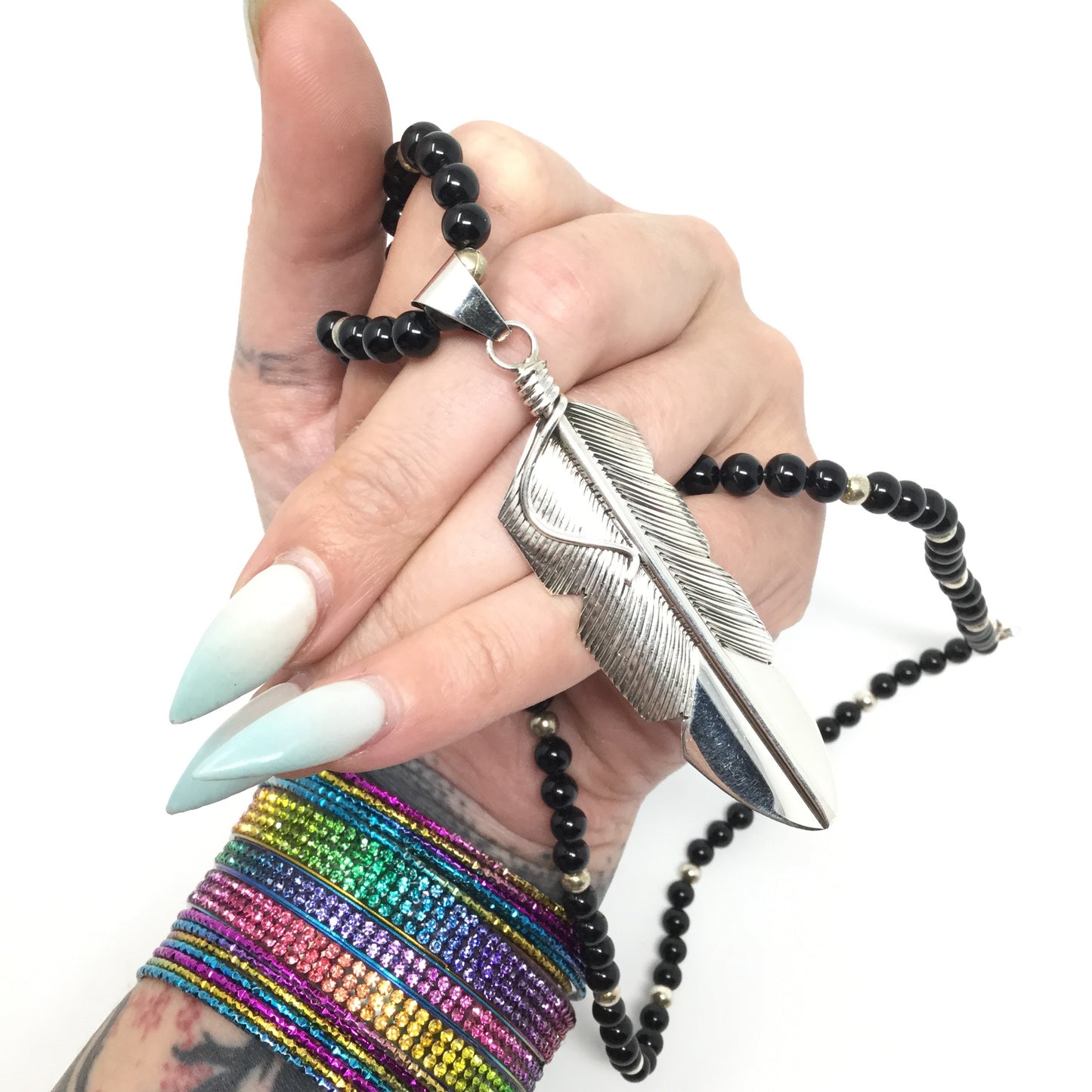 Feather Pendant with Black Onyx Beaded Necklace