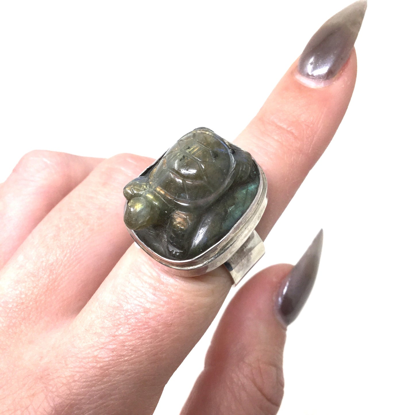 Carved Labradorite Turtle Ring, Adjustable