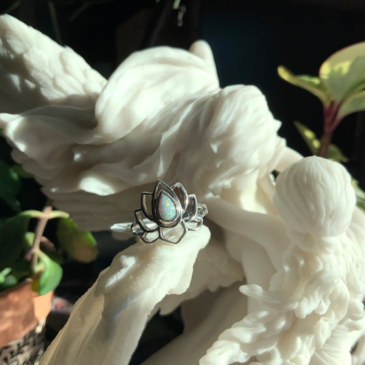 White Opal Lotus Ring, size 7
