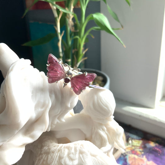 OOAK Pink Tourmaline Butterfly Ring, adjustable size