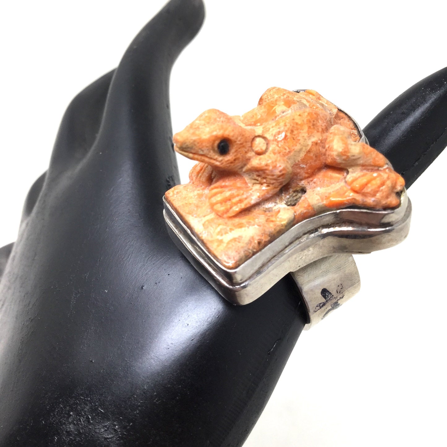 Carved Coral Frog Ring, Adjustable