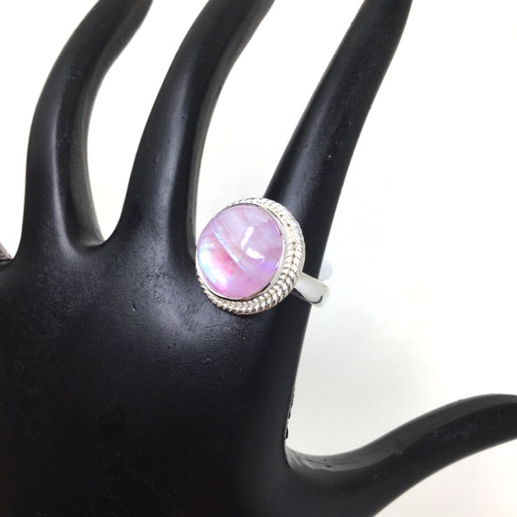 Round Pink Moonstone Ring, size 6