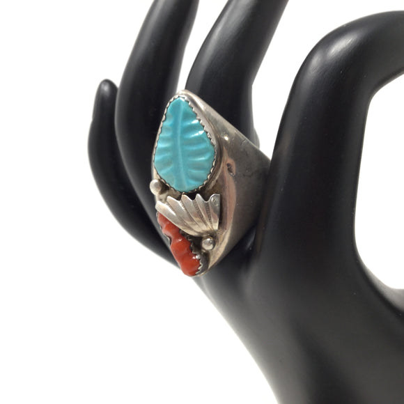 Signed, Carved Turquoise and Red Coral Ring, size 13
