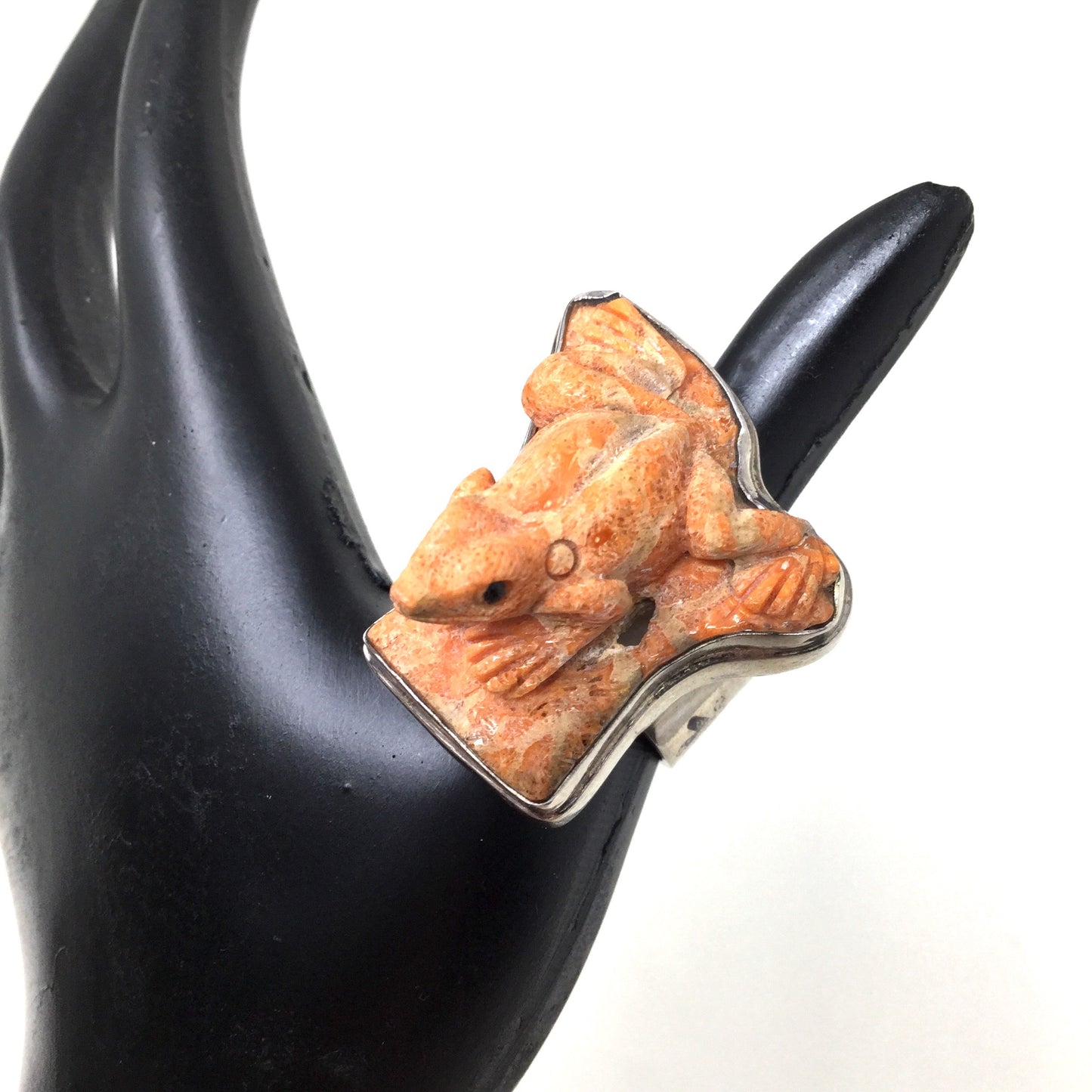 Carved Coral Frog Ring, Adjustable