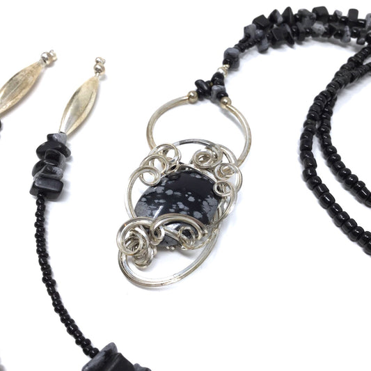 Snowflake Obsidian Beaded Wrap Necklace