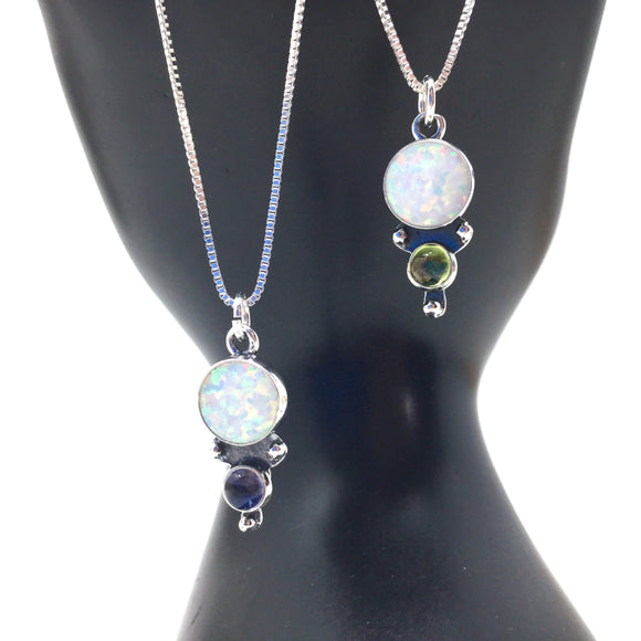 Two Stone Round Opal Pendant with Chain