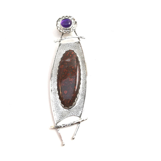Agatized Dinosaur Bone and Amethyst Pendant