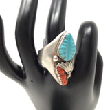 Signed, Carved Turquoise and Red Coral Ring, size 13