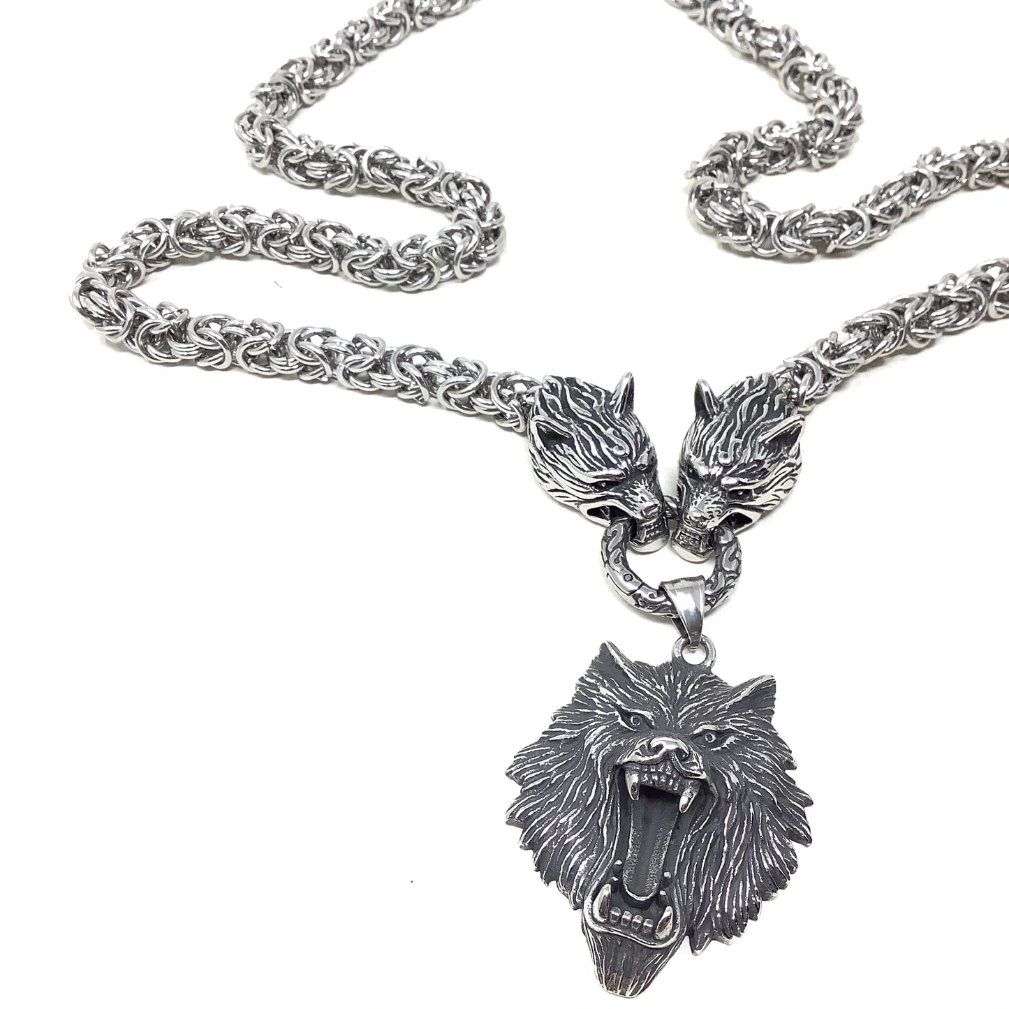 Large Heavy Stainless Steel Byzantine Chain with Wolfs Head Pendant