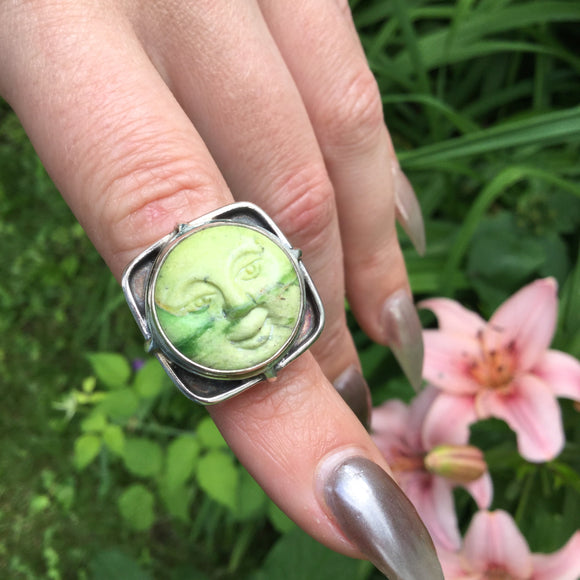 Green Opal Moon Ring, Adjustable
