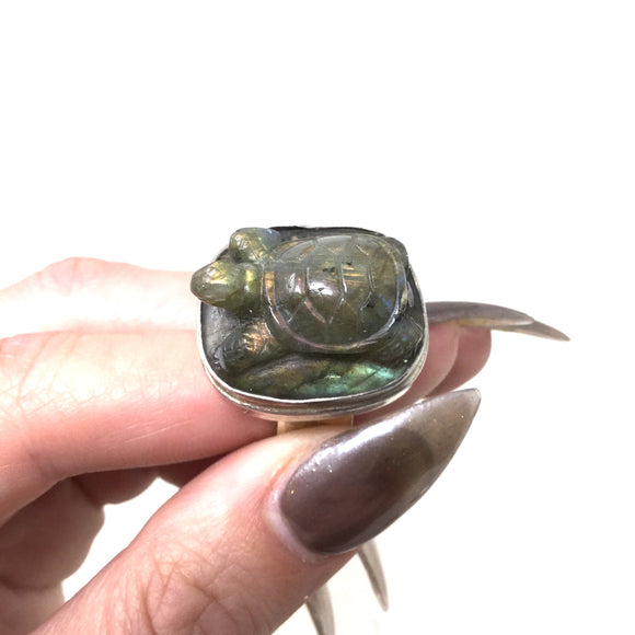 Carved Labradorite Turtle Ring, Adjustable