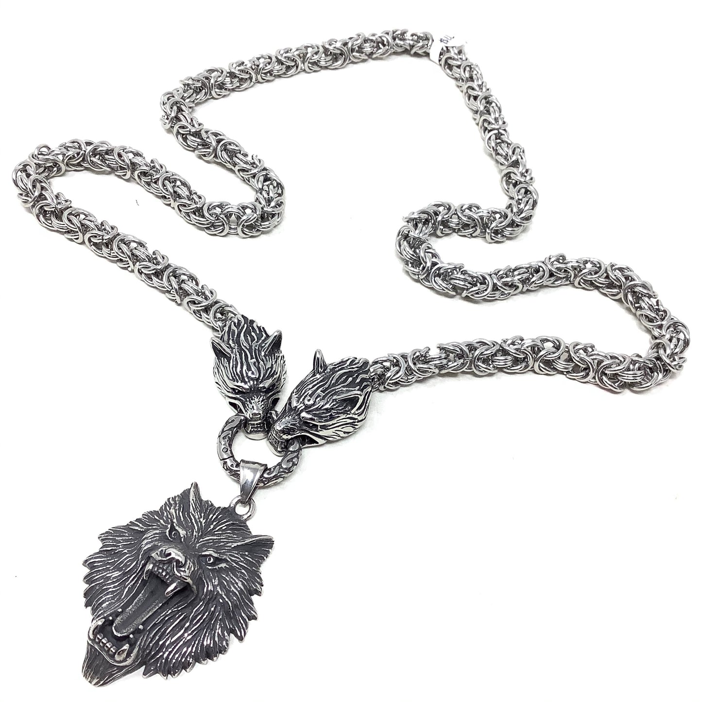 Large Heavy Stainless Steel Byzantine Chain with Wolfs Head Pendant