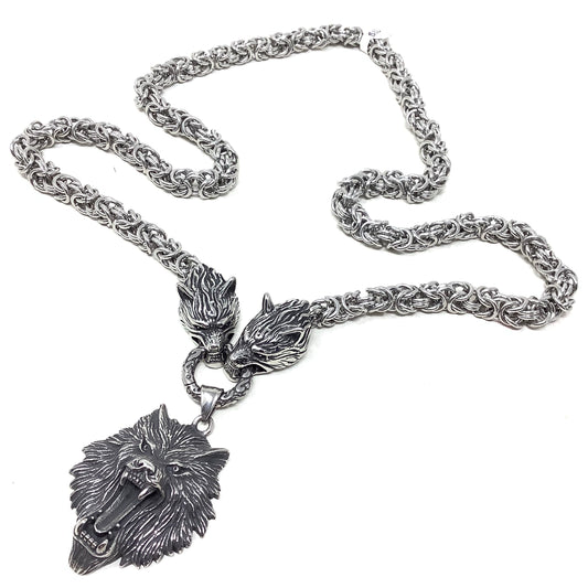 Large Heavy Stainless Steel Byzantine Chain with Wolfs Head Pendant
