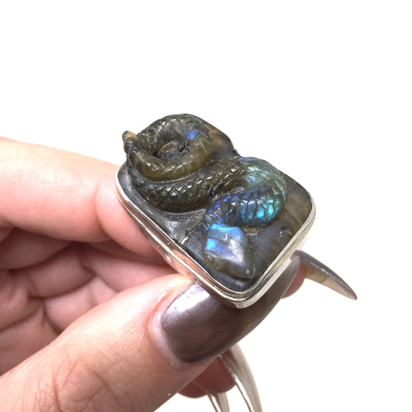 Carved Labradorite Snake Ring, Adjustable