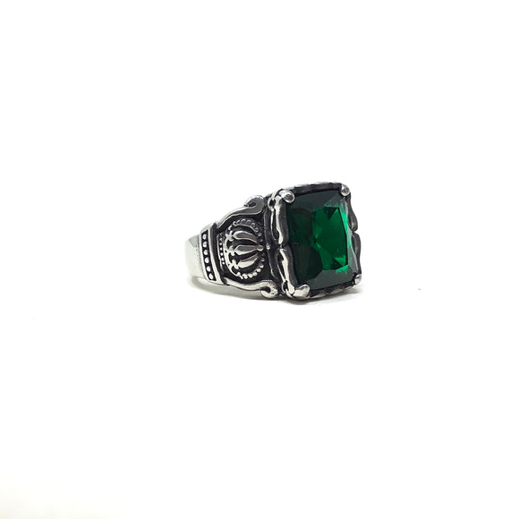 Faceted Emerald Glass and Stainless Steel Ring, size 12
