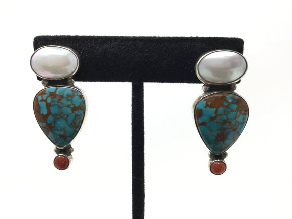 Mother of Pearl, Turquoise and Red Coral Post Earrings